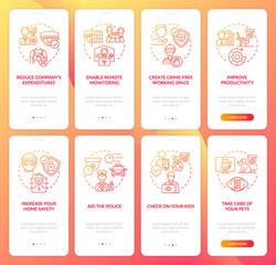 Naklejka premium Security cameras benefit onboarding mobile app page screen. Surveillance systems walkthrough 4 steps graphic instructions with concepts. UI, UX, GUI vector template with linear color illustrations set