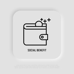Wallet with coin flying inside thin line icon. Symbol of social benefits for refugee, pensioners, disabled. Modern vector illustration.