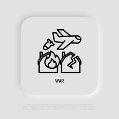War thin line icon, airplane throws off a bomb on house in fire. Modern vector illustration.