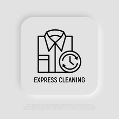 Express cleaning: folded shirt with timer. Laundry service. Thin line icon. Modern vector illustration.