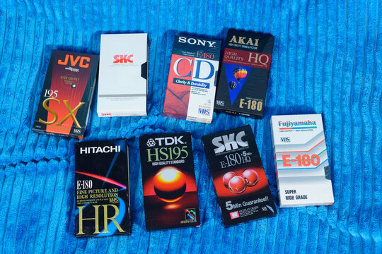Tyumen, Russia-July 25, 2021: Old video cassettes of fujiyamaha, sony, skc, akai jvc hatachi tdk