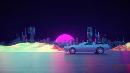 RETRO CITY SKYLINE WITH CAR: Neon glowing sun, car and starry sky | Synthwave / Retrowave / Vaporwave Background | 3D Illustration