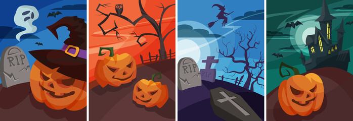 Set of Halloween posters in cartoon style. Different placards designs.