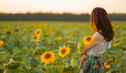 Fototapeta na wymiar A girl with long hair in a field of sunflowers at sunset stands with her back