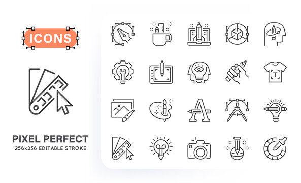 Line icons set related to creative process and graphic design. 256x256 pixel perfect. Editable stroke.