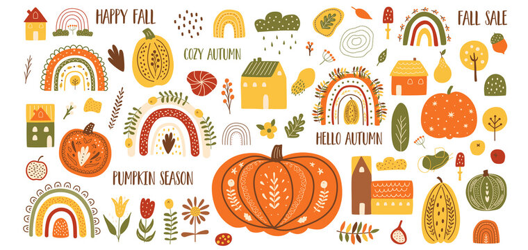 Autumn elements rainbow set. Autumn rainbows, pumpkins, houses. Fall clipart, harvest set, fall season elements