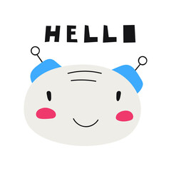 Hello. Cute robot head. Hand drawn vector illustration for kids.