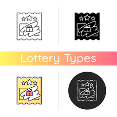 Scratch cards icon. Scratching off covering for prize reveal. Online scratch ticket. Winning money. Paper-based card for competitions. Linear black and RGB color styles. Isolated vector illustrations