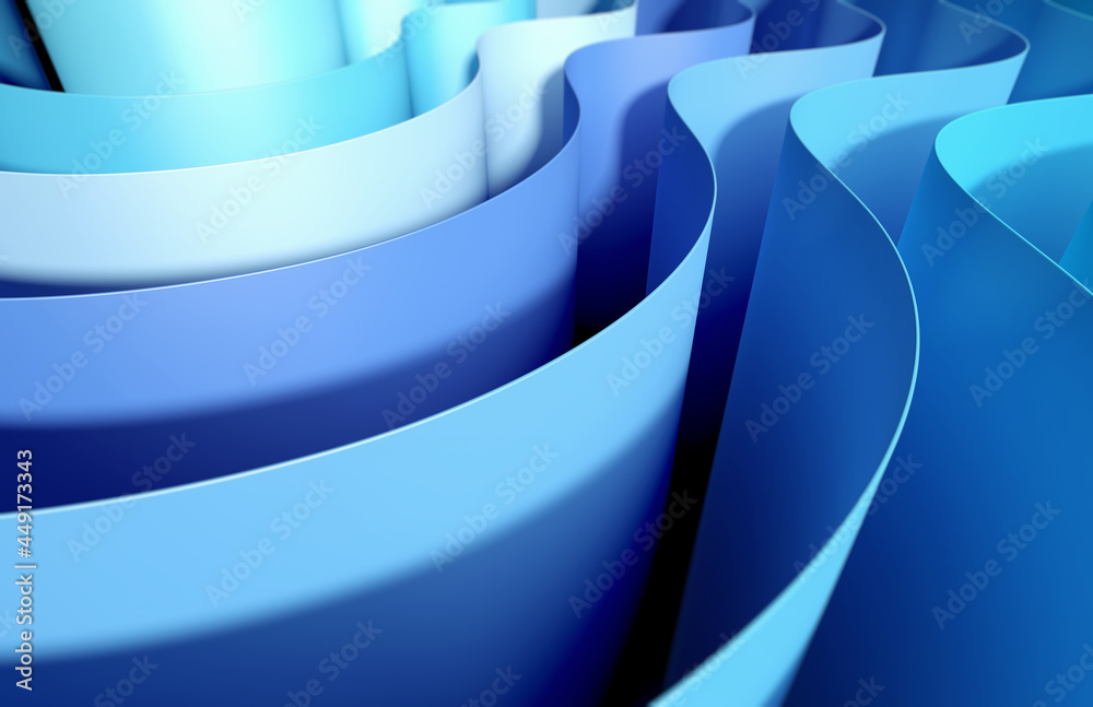 Poster 3d render abstract background of smooth lines of splines blue color with a dof