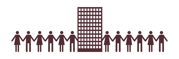 Pictograph of people. Men and women holding hands. United community of people who live in the same house. Neighbors in an apartment building. Trust trust and friendship icon for templates