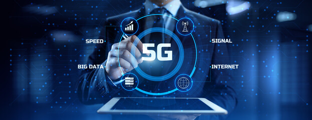 5G High-speed internet connection concept. Businessman pressing button on screen.