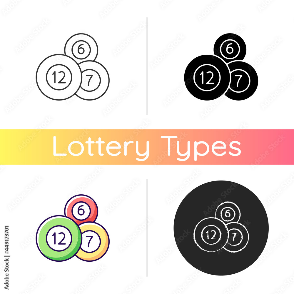 Poster Lottery balls icon. Producing random number combinations. Lottery vending machine. Drawing equipment. Bearing possible winning number. Linear black and RGB color styles. Isolated vector illustrations