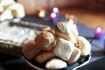 Tray of Belgian bread in small portions with assorted seeds. - 449173771