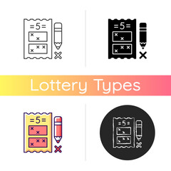 Five digit lottery game icon. Choosing five numbers for winning combination. Fixed prize structure. Picking random numbers. Linear black and RGB color styles. Isolated vector illustrations