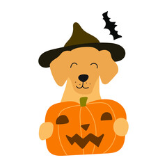 Smiling dog holding pumpkin for Halloween party. Illustration on white background.