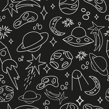 The cosmic pattern. Meteorite, shooting star, comet, planets, Saturn, satellite, moon, rocket, flying saucer, UFO, crater. Fly into space. Space, linear, white icons. Printing on fabric.