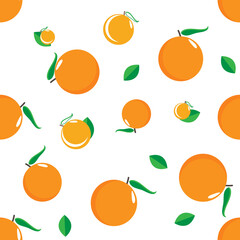 Cute flat oranges seamless pattern with haft and leaf white background color, Vector Illustration.