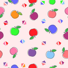 Cute flat colorful apples seamless pattern with haft and leaf pastel background color, Vector Illustration.