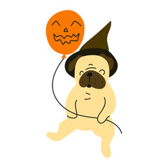 Pug with orange balloon for Halloween party. Vector illustration on white background.