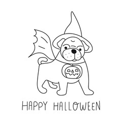 Pug dressed for Halloween party. Outline vector illustration on white background.