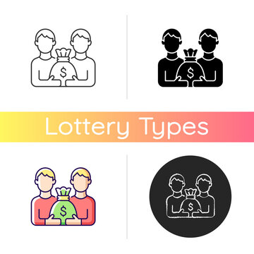 Pari mutuel prize icon. Dividing prize between same tier winners. Parimutuel betting. Paying cash claimants. Sharing lottery pool. Linear black and RGB color styles. Isolated vector illustrations