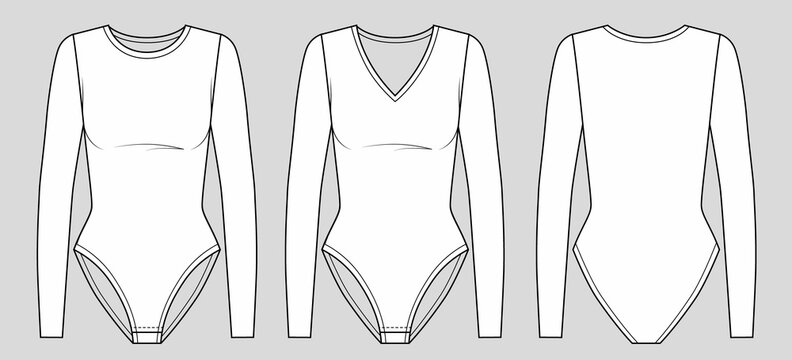 technical drawing fashion of women bodysuit with long sleeve, round neck and V-neck