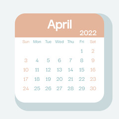 April 2022 calendar planner in pastel color, week starts on Sunday, template, mock up calendar leaf - Illustration. Vector graphic page