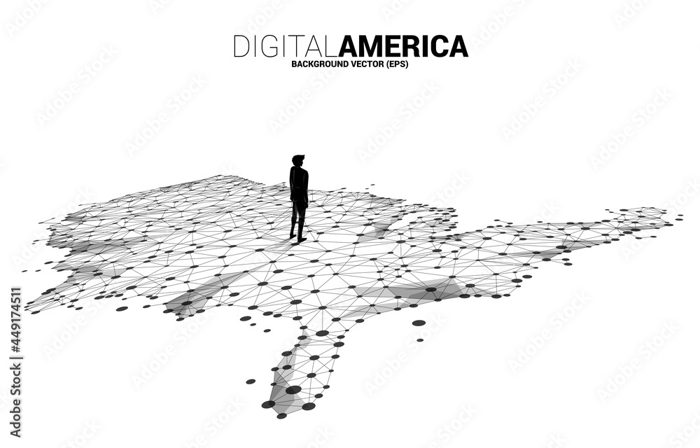 Poster vector businessman standing on united states map from polygon dot connect line with city background.