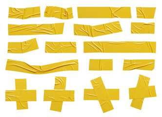 Wrinkled yellow adhesive sticky tape. Isolated scotch pieces set.