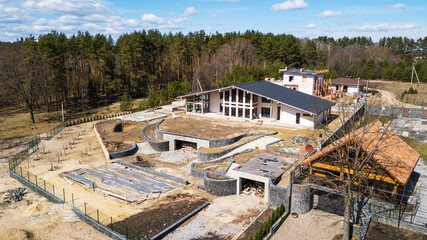 Aerial view of construction of a country house