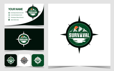 survival outdoor logo designs illustration in the forest mountain and sea with compass navigation