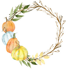 Watercolor circle frame with pumpkins, branches and autumn leaves. Thanksgiving template. Harvest...