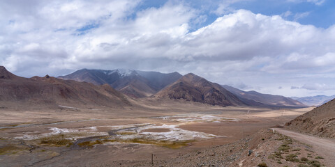 Colorful high altitude mountain landscape panorama at Ak Baital pass along the Pamir Highway, Murghab, Gorno-Badakhshan, Tajikistan