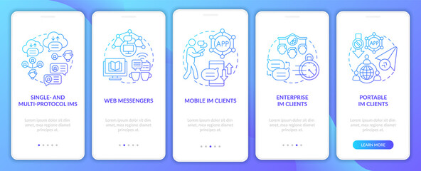 Messaging software types blue gradient onboarding mobile app page screen. Messenger walkthrough 5 steps graphic instructions with concepts. UI, UX, GUI vector template with linear color illustrations