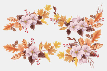 Watercolor autumn bouquets with leaves and acorns