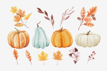Fototapeta Set of autumn leaves and pumpkins in watercolor style obraz