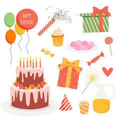 Cartoon festive birthday decoration collection with gift box, holiday confetti, cute cake and candles, balloon isolated on white. Birthday party set, happy anniversary design vector illustration