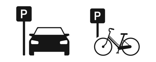 Public parking sign for car, and bicycle. Traffic signs, silhouette of a car and bike, road sign