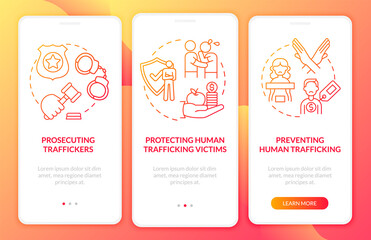 Anti-exploitation policy onboarding mobile app page screen. Ban slavery walkthrough 3 steps graphic instructions with concepts. UI, UX, GUI vector template with linear color illustrations