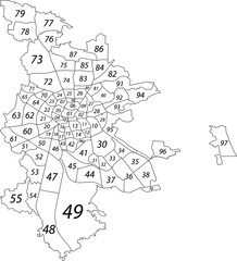 Simple white vector map with black borders and numeral names of statistical districts of Nuremberg, Germany