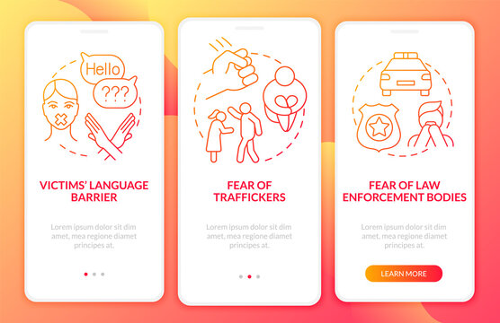 Human Trafficking Survivor Onboarding Mobile App Page Screen. Traumatic Aftermath Walkthrough 3 Steps Graphic Instructions With Concepts. UI, UX, GUI Vector Template With Linear Color Illustrations