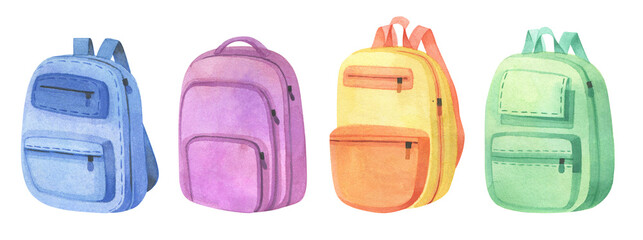 Set of school backpacks for textbooks. A bag for going to school or traveling. Watercolor drawing.