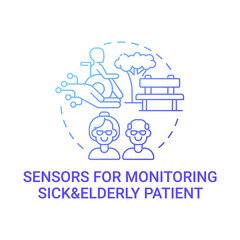 Sensors for monitoring sick and elderly patients gradient blue concept icon. Healthcare sensor remote system abstract idea thin line illustration. Vector isolated outline color drawing.