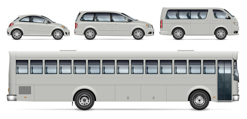 City transport mockup – bus, minivan and car, view from side. Vector template for vehicle branding, corporate identity. All elements in the groups on separate layers for easy editing and recolor. © Yuri Schmidt