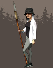 cartoon modern woman stalker standing with spear in hand in forest