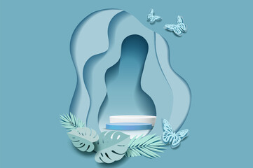 3D cylinder pedestal podium with Paper cut style illustrator elements of leaf on background.