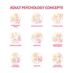 Adulthood psychology and social relationship concept icons set. Lifecycle through ups and downs. Personal realisation idea thin line color illustrations. Vector isolated outline drawings.