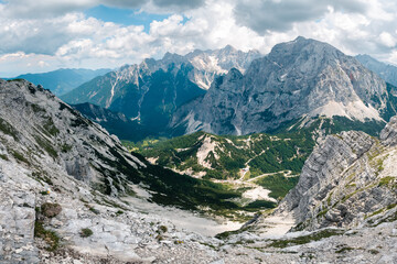 Scenic view of the Prisojnik mountain in Slovenia on a cloudy sky background