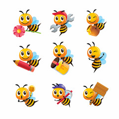 Collection set of cartoon cute bee in different poses. Bee carrying honey pot, flower, pencil and signboard. Vector character set - obrazy, fototapety, plakaty