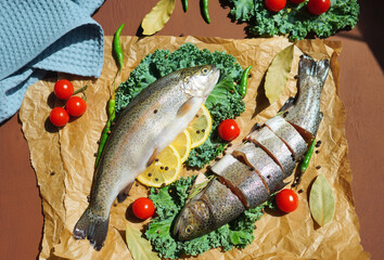 Raw salmon with vegetables ready to be prepared. Restaurant background. Kitchen ingredients. Food art 